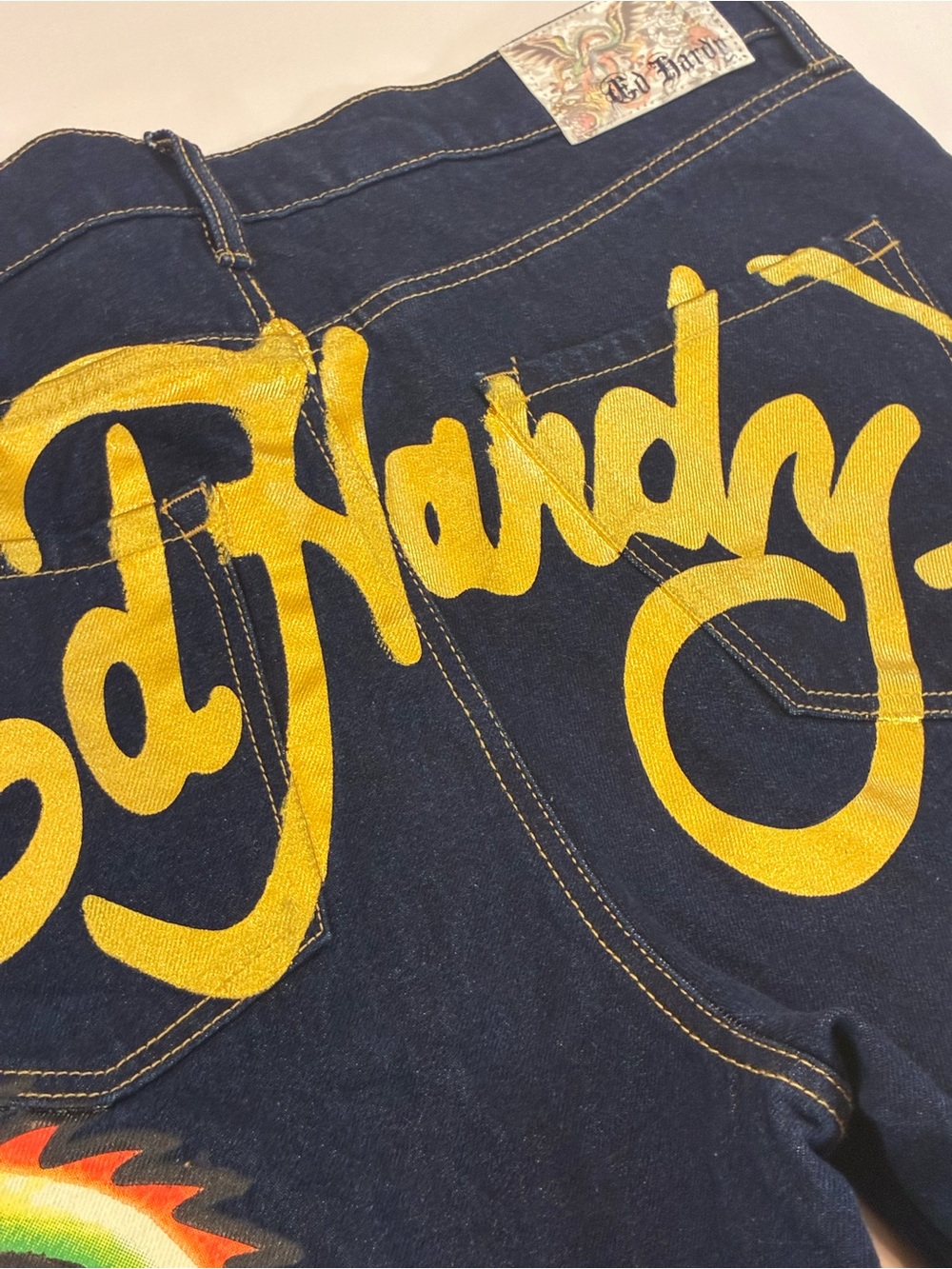 Ed Hardy Black Jeans with Yellow Script and Multicolor Skull - Picture 7 of 11